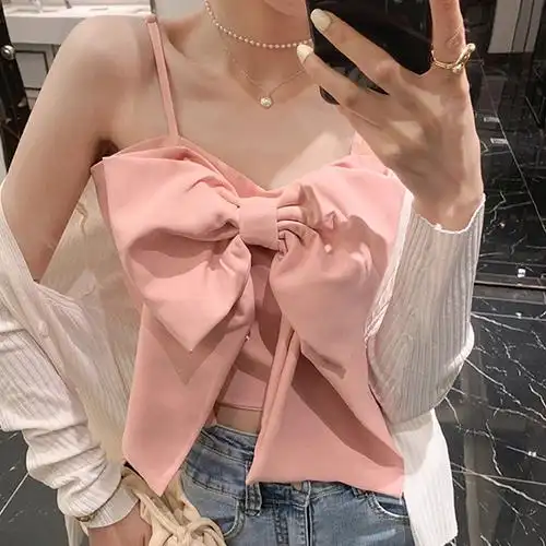 吊带背心女内搭短款打底蝴蝶结露脐上衣抹胸紧身设计感小众外穿夏