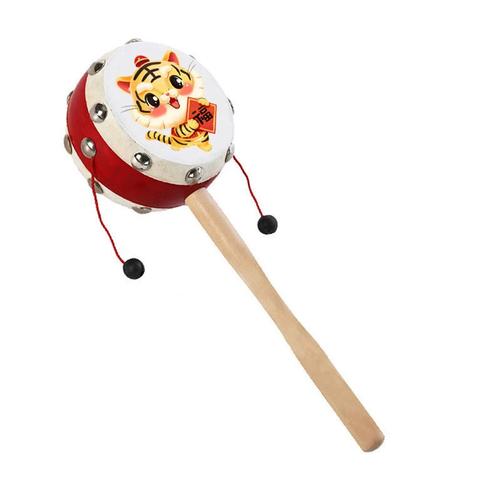 拨浪鼓婴儿玩具可啃咬手摇波鼓宝宝木质羊皮传统儿童新生儿男女孩