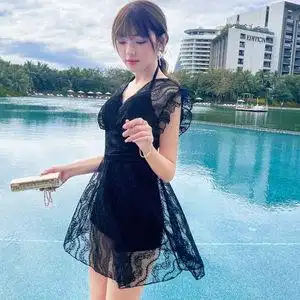 蕾丝镂空温泉泳装2022新款白色镂空蕾丝布气质连体泳衣女性感大露背遮