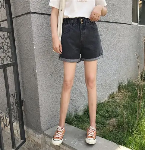 实拍实价卷边松紧腰牛仔短裤女夏新款显瘦百搭学生高阔腿裤1510