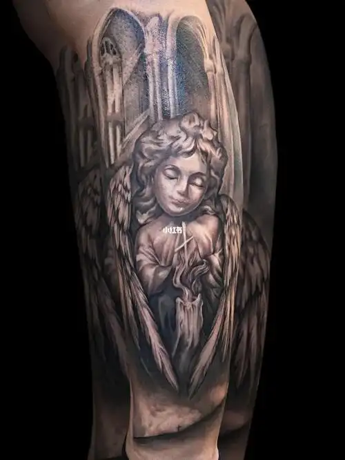 小腿全包,可可爱爱的守护天使纹身