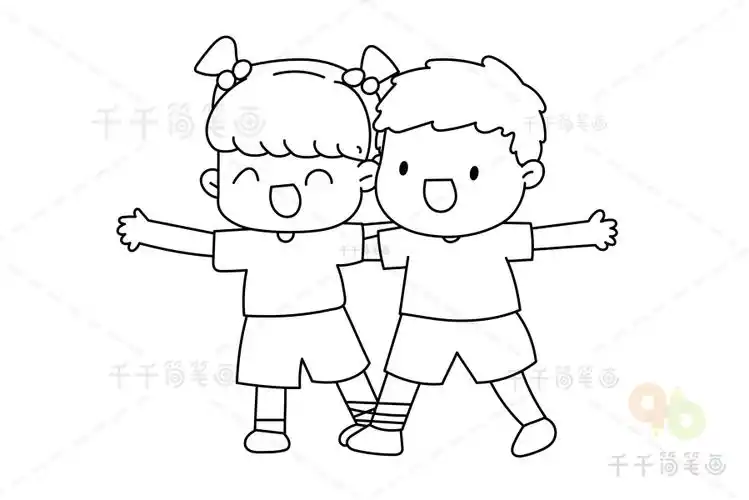 小朋友简笔画团结协作两人三足