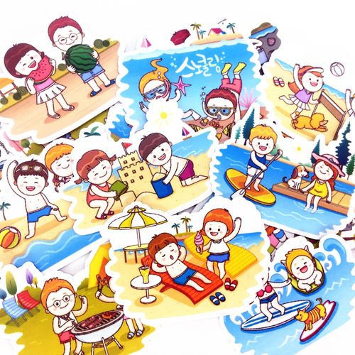 可爱手账贴纸夏日小孩沙滩游玩贴画海滩游泳手帐贴纸儿童游乐插画