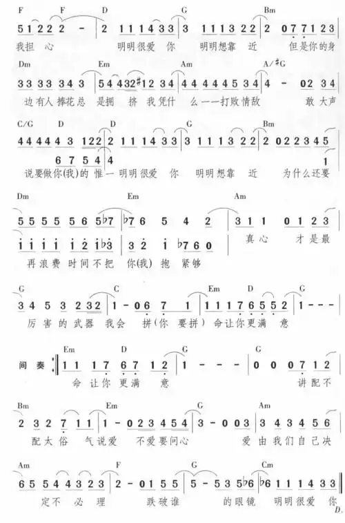 明明很爱你梁静茹品冠简谱吉他谱