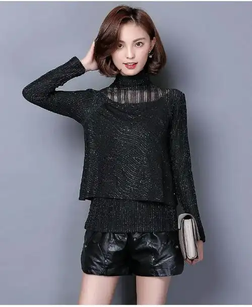 蕾丝打底衫女2021秋冬新款韩版上衣网纱堆堆领蕾丝高领女士小衫黑色加