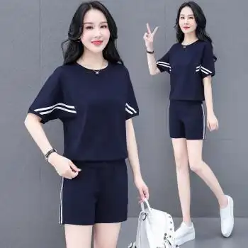 休闲套装女夏季女士上衣大码女装衣服运动服韩版夏天7968宝蓝衣黑裤m