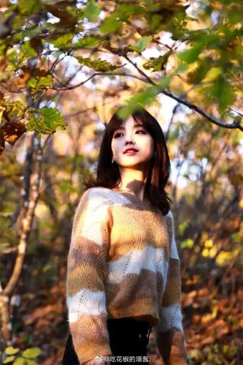 第三张正面照中,王冰冰站在树林中看着远方,她和背