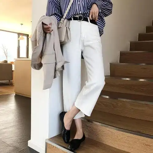 a7seven 高腰显瘦白色直筒牛仔裤女2018春夏韩版百搭休闲九分裤子