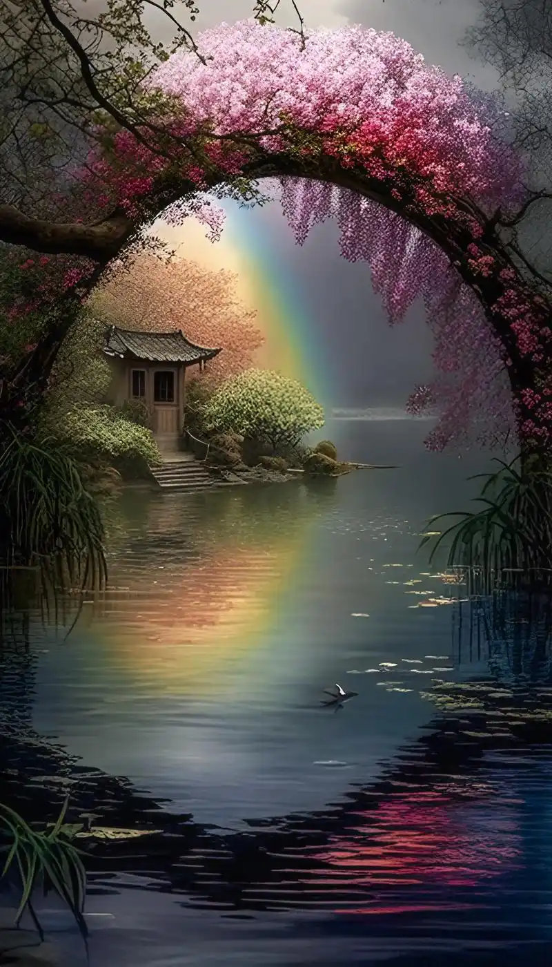 江南水乡桃花拱桥