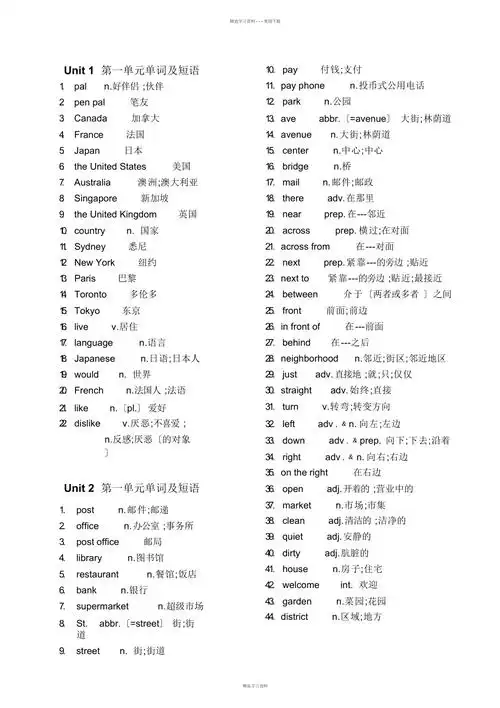 2022年人教版新课标七年级下册英语单词表