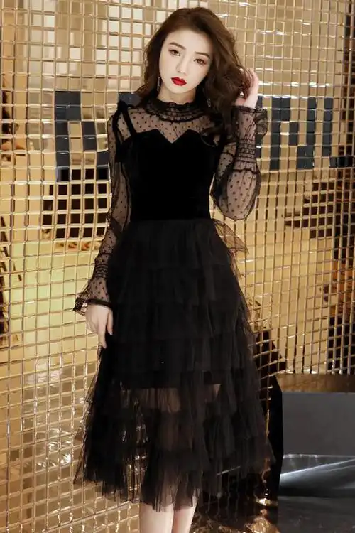 套装女新款黑色小个子晚礼服女宴会气质蛋糕裙连衣裙两件套女