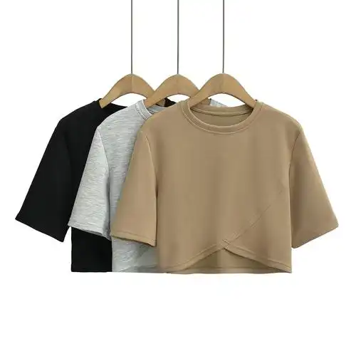 设计感下摆交叉露脐宽松短款套头t恤女夏季纯色显瘦罩衣中袖上衣