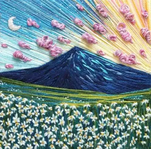 这种有触感的针织风景画,散发着原始的质朴气息,画面中作者用毛线织