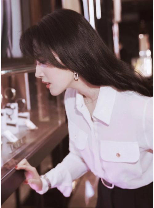 刘亦菲明星同款白色衬衣 简约黑色腰带长裤两件套ol套装