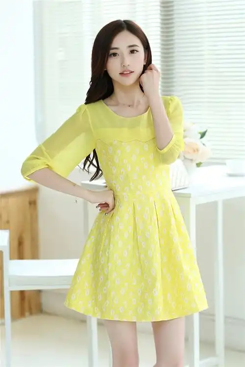 2017年夏季新款时尚女装韩版百褶裙长袖花色印花连衣裙