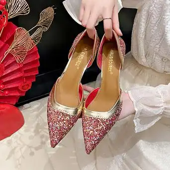 水晶鞋女红色高跟鞋细跟尖头时装单鞋结婚中式两穿大码新娘鞋婚鞋
