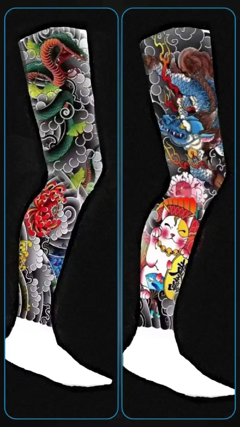 彩色传统图案花腿牡丹蛇龙招财猫图案.#花臂图案 #花腿女孩  - 抖音