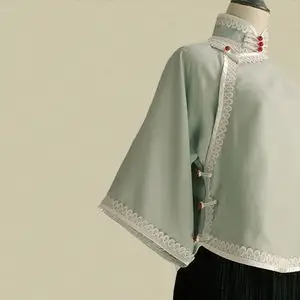 大小姐润玉绿倒大袖天丝棉上衣小清新撞色民国少女旗袍复古