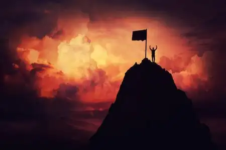 胜利的道路和成功的日落背景.目标成就符号照片