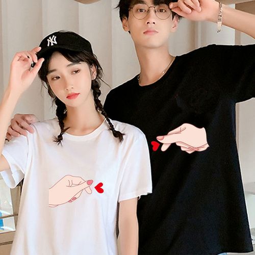 情侣装夏装2021新款手比爱心手势左右潮男女学生情侣短袖tt恤班服