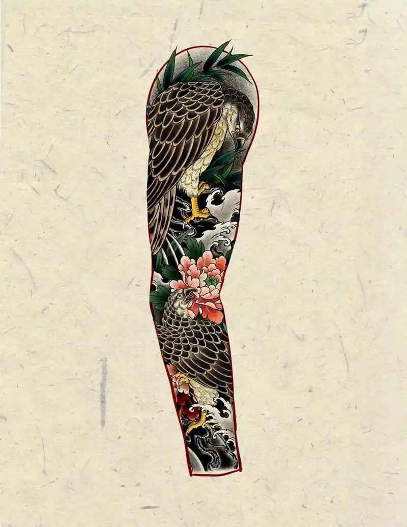 鹰花臂 设计稿#纹身 #花臂 #花臂纹身手稿 - 抖音