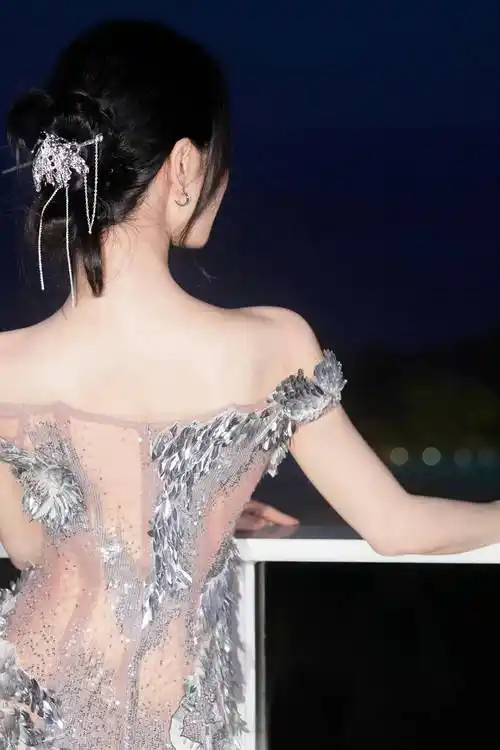 刘诗诗一袭银色亮片鎏金裙,优雅大气,曲线背影好美_黑夜_美貌