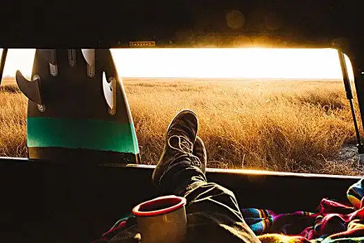 男性,冲浪,翘脚,背影,吉普车,日落,加利福尼亚,美国