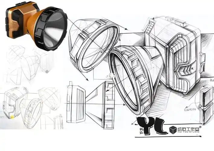 工业设计手绘线稿～头戴式户外手电产品写生