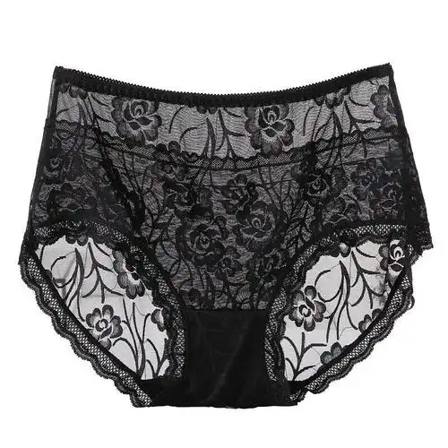 冰丝女大码内裤女胖mm200斤中高腰性感镂空透明黑色蕾丝火辣