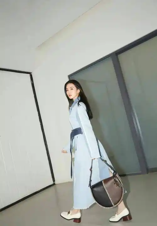 刘诗诗米兰时装周看秀身穿牛仔拼色连衣裙,优雅休闲又时尚!