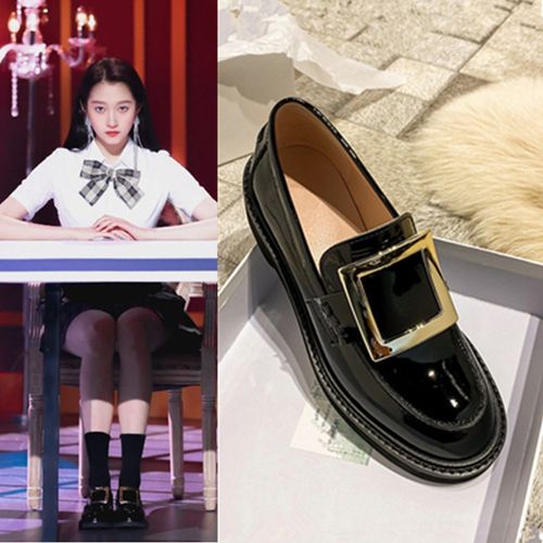 王牌对王牌关晓彤同款鞋方扣小皮鞋2021春英伦风透气平底女乐福鞋