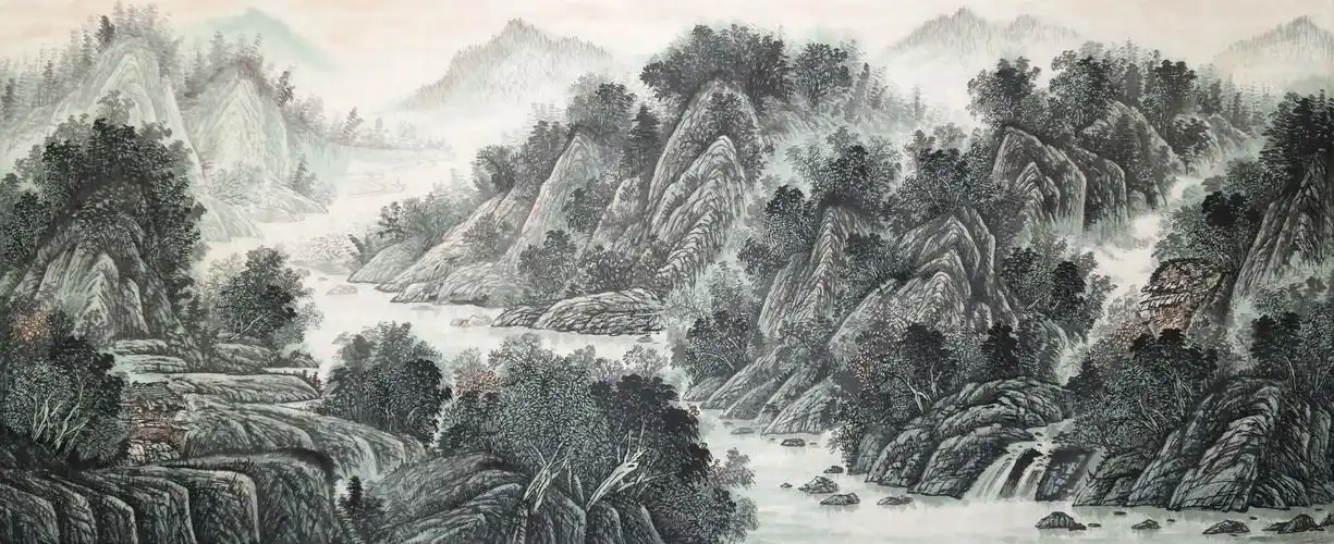 风水装饰客厅山水风景八尺古月轩手绘国画国画