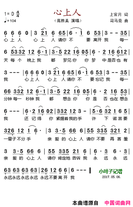 心上人简谱-高胜美演唱-上官月/司马亮词曲1