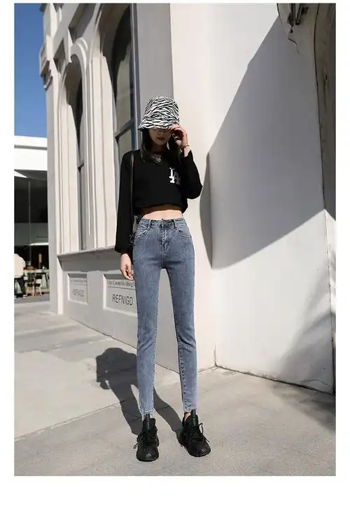 女装新款高腰牛仔裤女紧身小脚2021春季新款弹力修身蓝色九分铅笔长裤