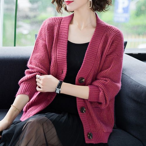 新款针织开衫女时尚百搭短款外搭粗毛线宽松女士毛衣外套加厚优惠券