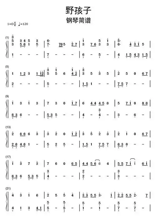 野孩子钢琴简谱乐谱