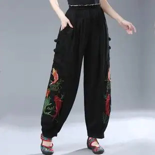 女宽松阔腿长裤春秋妈妈裤女子刺绣花民族风棉麻灯笼裤中老年女裤