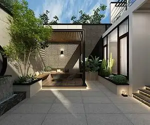 别墅的小院充满时尚的现代风格,以黑白为主色调,简洁利落的外墙线条