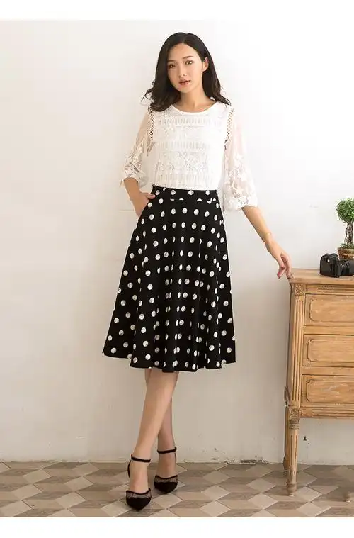 特尚莱菲 波点半身裙女2021秋新款中长款裙子高腰a字裙休闲显瘦伞裙