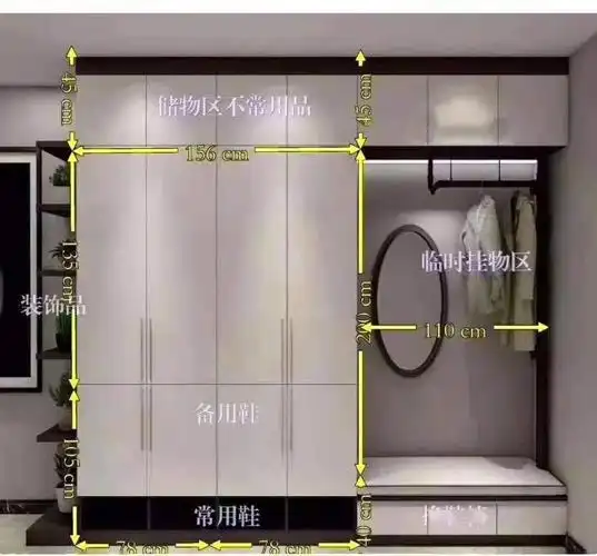 一,入户鞋柜的设计方案尺寸下面的图是1个标准的进门玄关鞋柜设计图