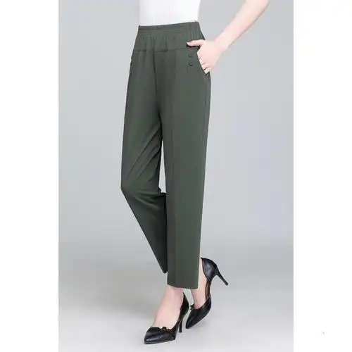 妈妈裤子薄款夏季休闲夏天冰丝女裤中老年人宽松高腰松紧腰九分裤