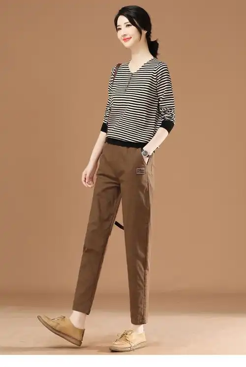 字母刺绣女士休闲裤2021年秋季新款松紧腰宽松哈伦裤长裤子