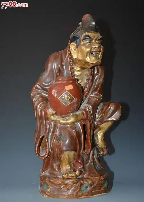 民国曾龙升造紫金釉描金济公造像49x24厘米