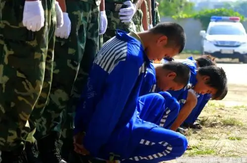 天涯镇地区群众聚集在天涯镇中心学校公开处理大会现场,近二百名武警