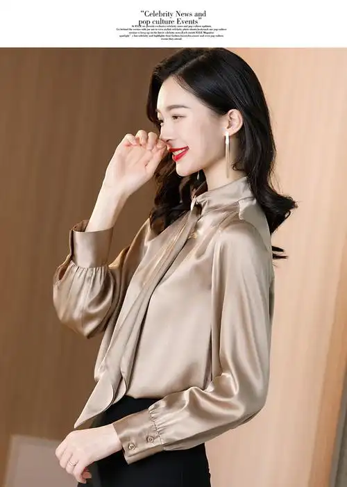 垂感缎面真丝衬衫女2020春季新款职业风ol领带桑蚕丝上衣衬衣 咖色 m