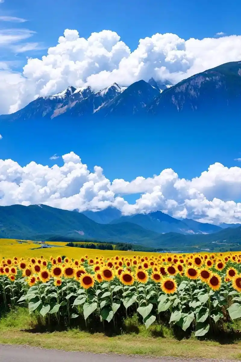 蓝白,白云,朝阳,远处的山,满地的向日葵,微风.#治愈系风景 - 抖音