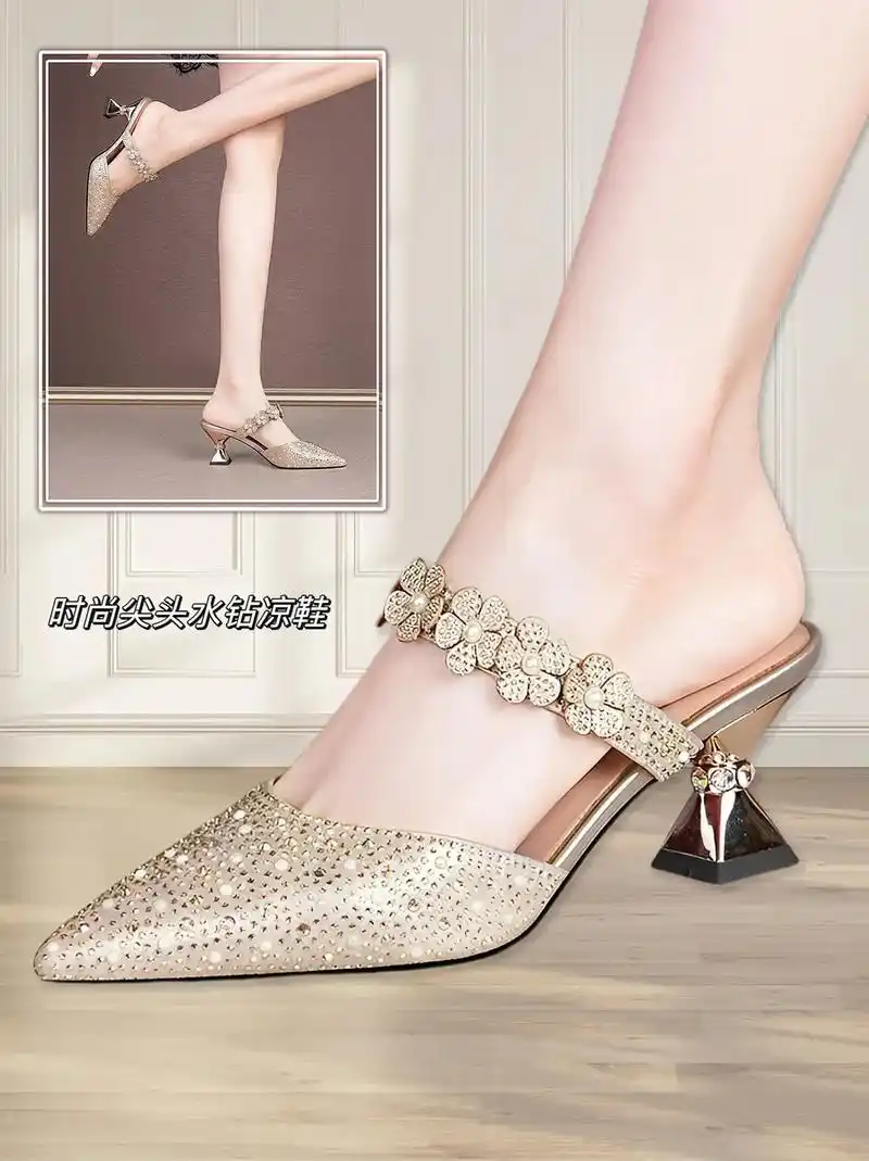 水钻花朵包头中高跟拖鞋,设计时尚