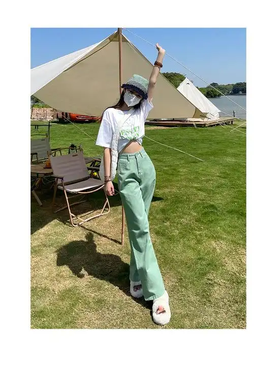 浅绿色阔腿牛仔裤女高街宽松直筒裤子高腰高个子收垮新款 浅绿色加长