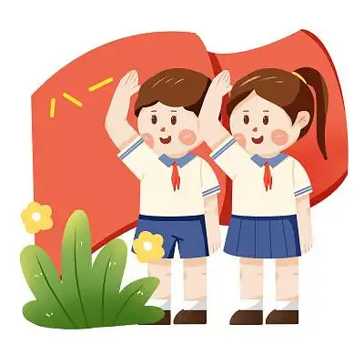 卡通穿校服红领巾的女孩在红旗下敬礼建军节png素材