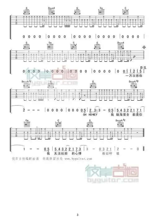 《一万次悲伤》吉他谱六线谱_原调b_逃跑计划